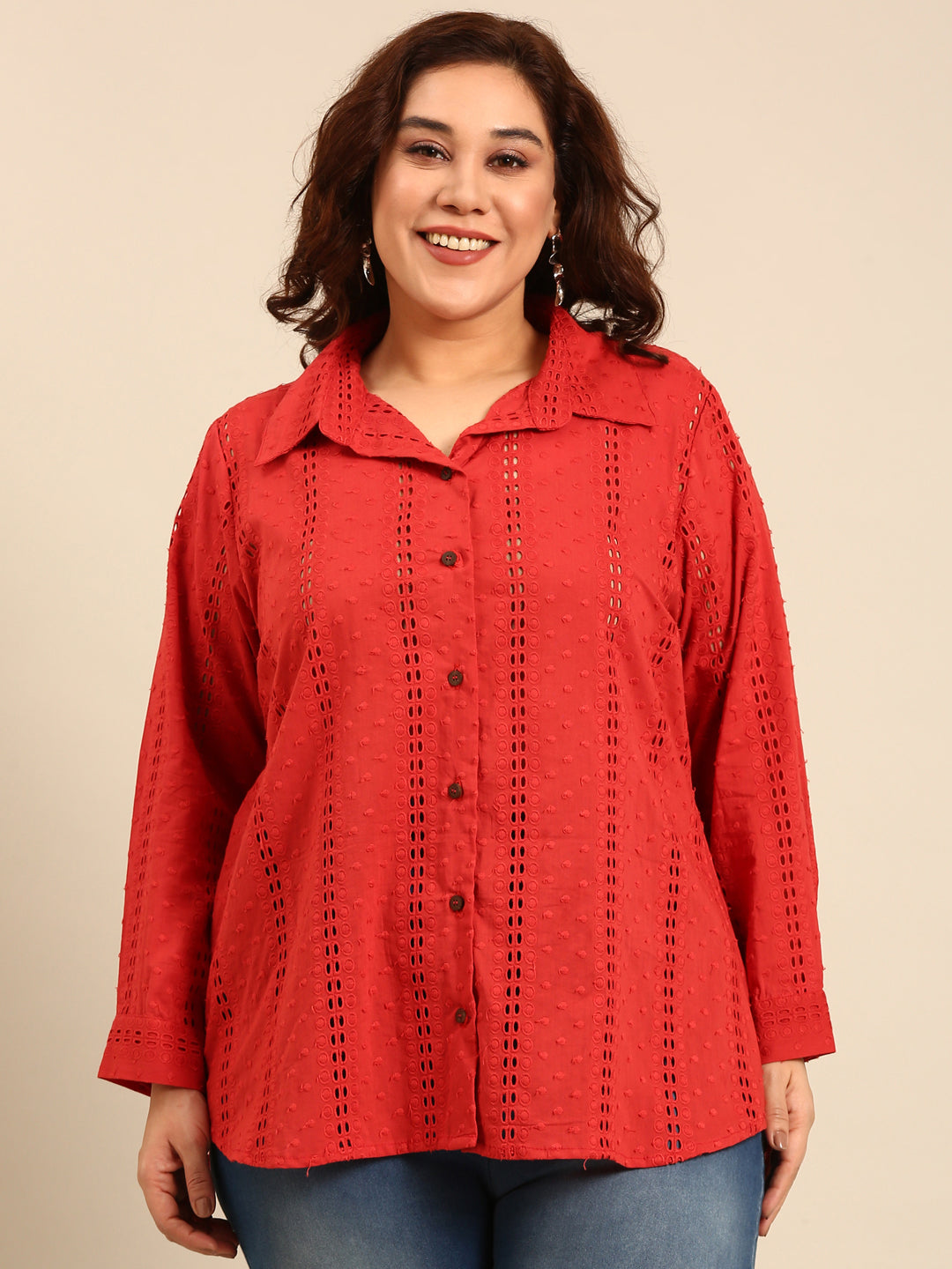 Cotton Red Schiffli Shirt
