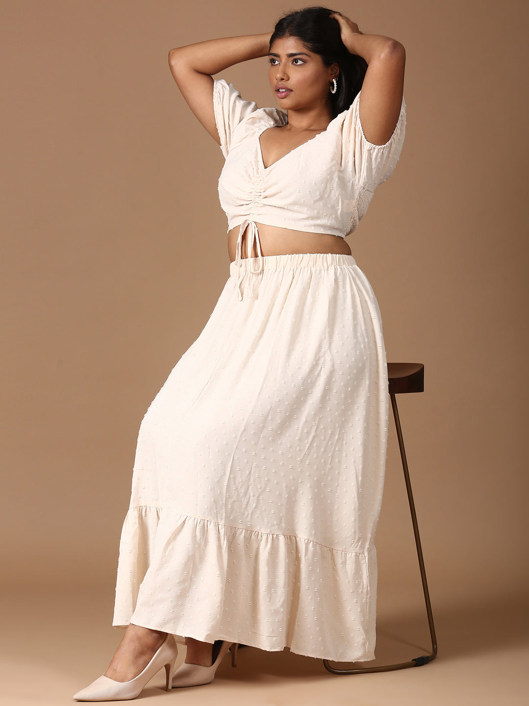 Beige Top And Skirt Co-ord Set-(2 Piece)