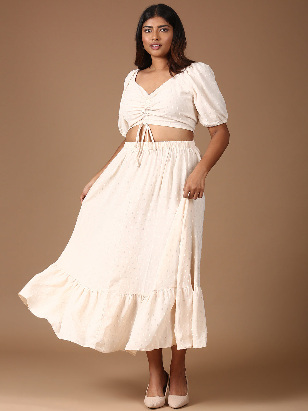 Beige Top And Skirt Co-ord Set-(2 Piece)