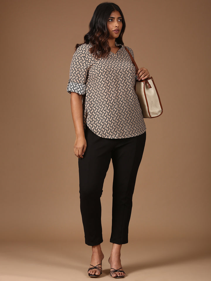 Relaxed Fit Printed Top-Beige