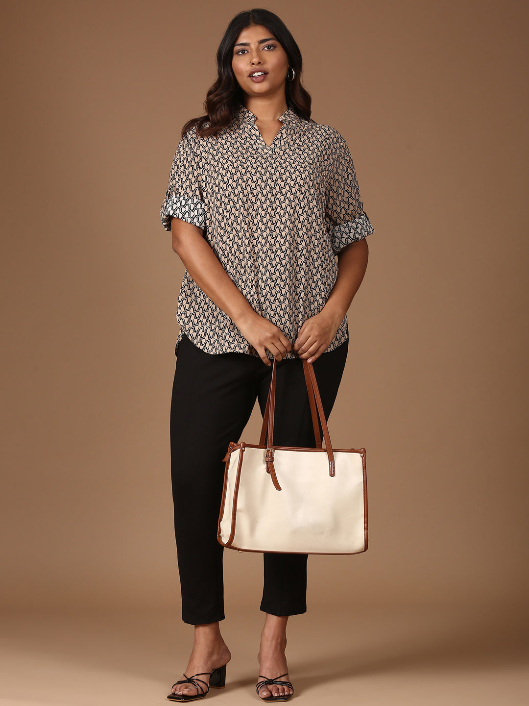 Relaxed Fit Printed Top-Beige