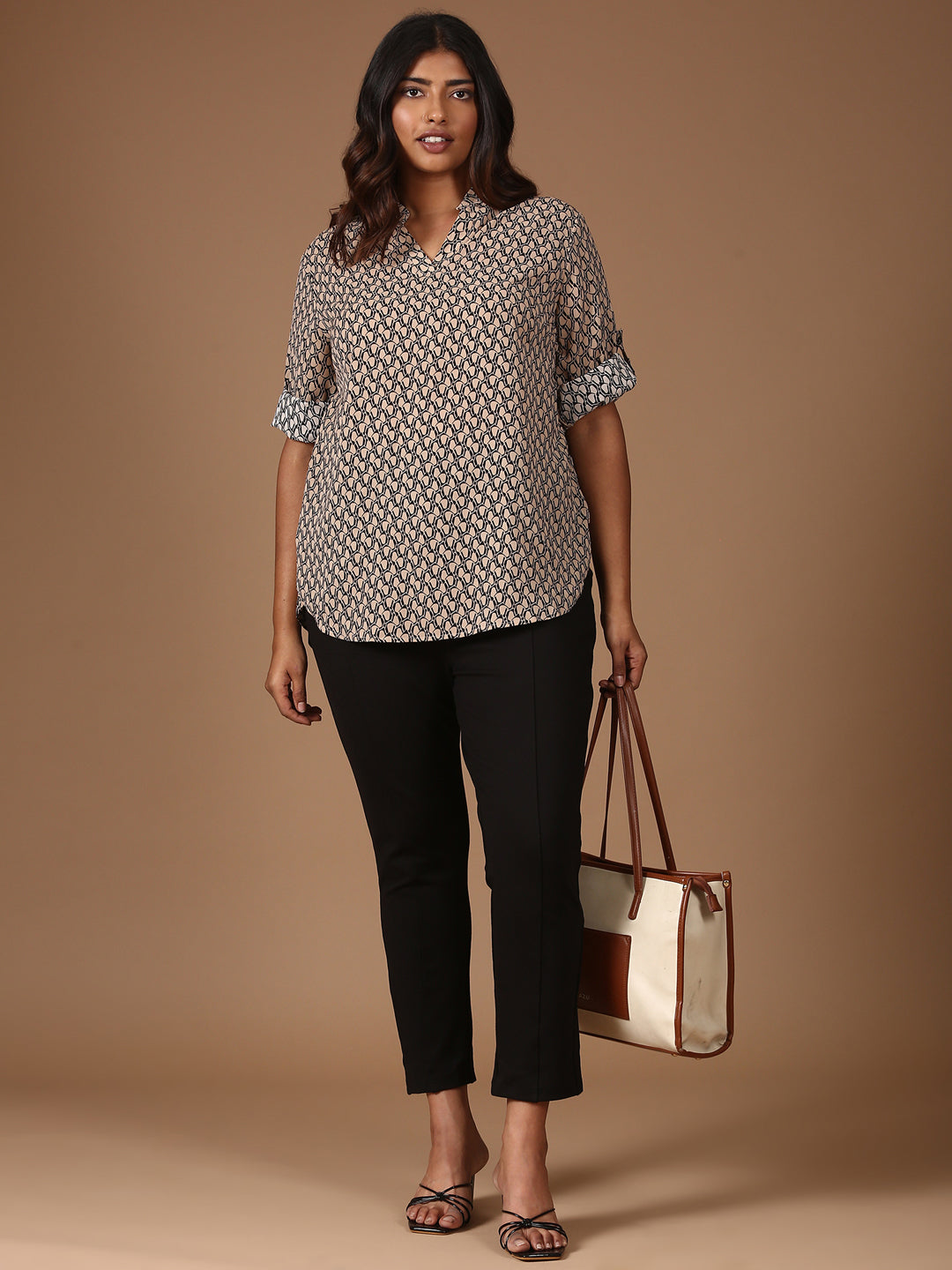 Relaxed Fit Printed Top-Beige