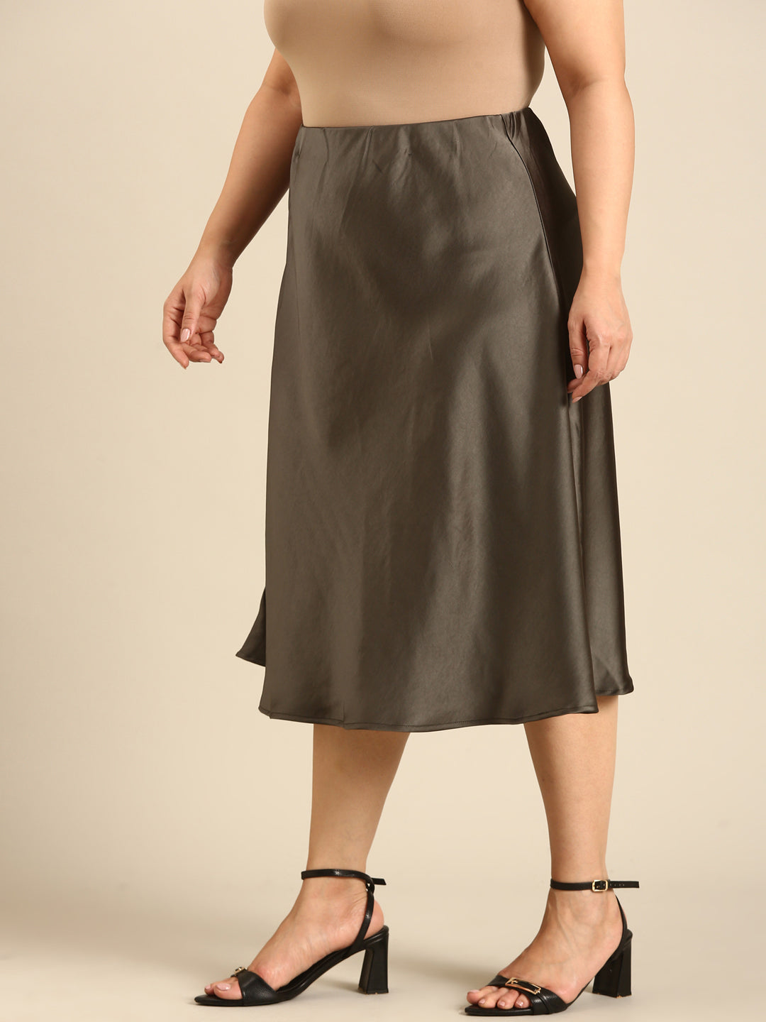 Olive Satin Flared Skirt