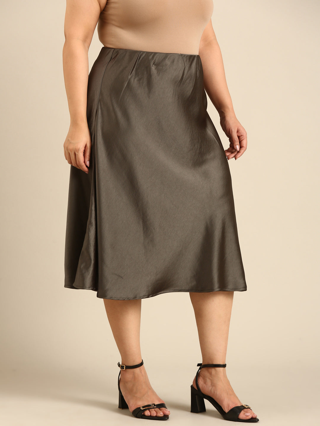 Olive Satin Flared Skirt