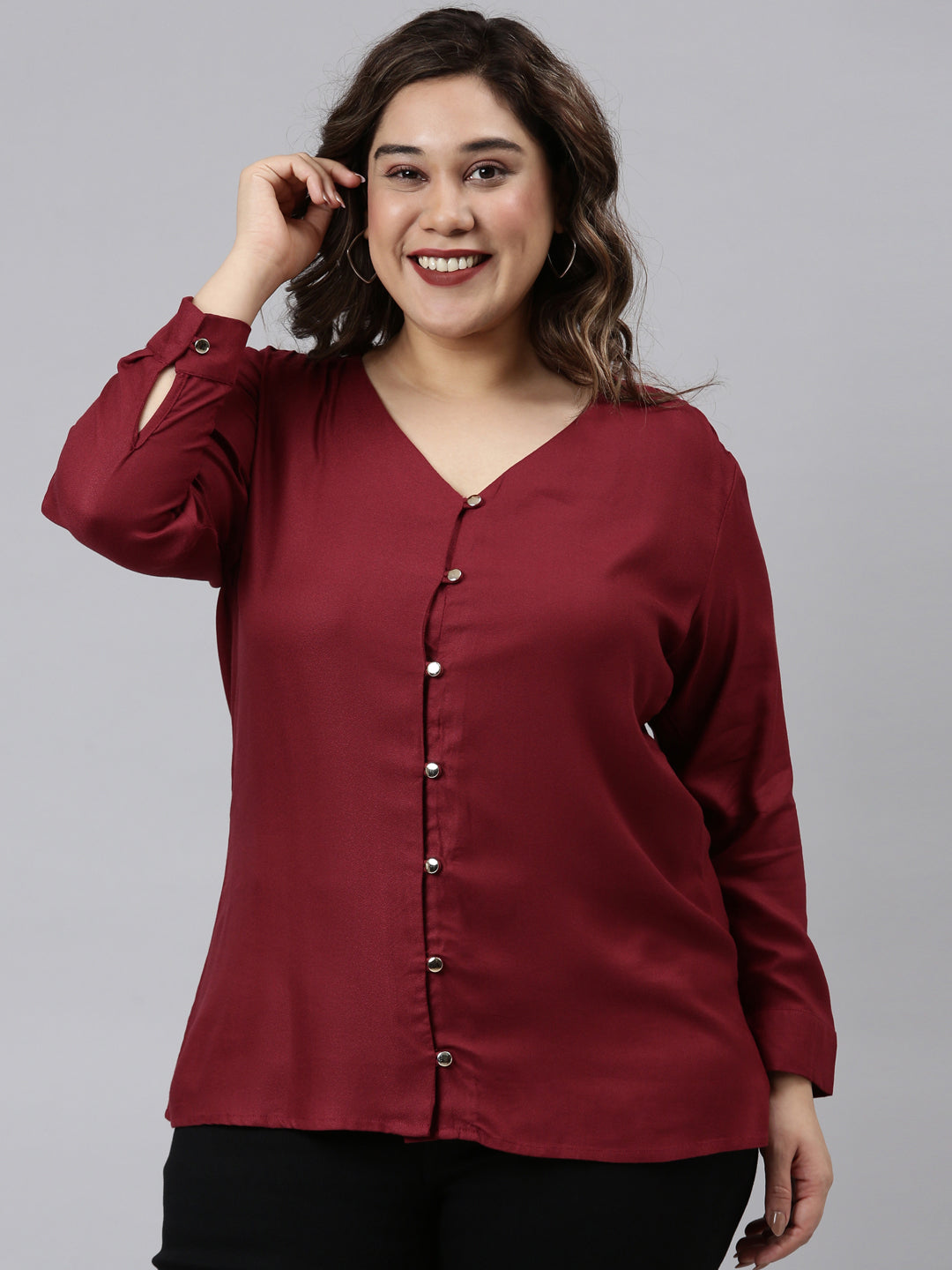 SOLID BUTTON SHIRT STYLE BURGUNDY TOP