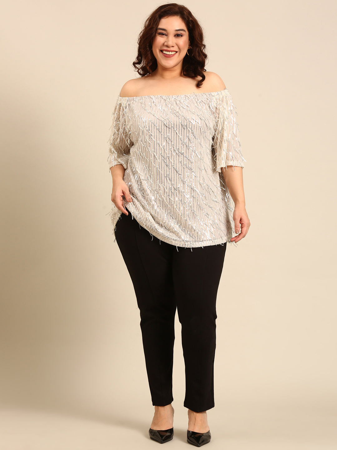 Silver Sequin Off-Shoulder Top