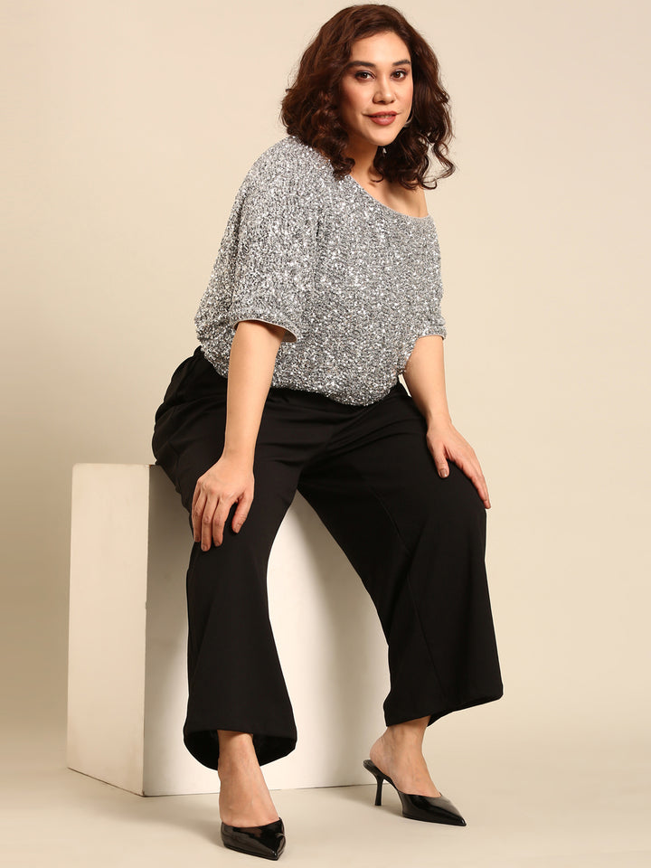 Silver Sequin Top & Black Korean Pants Co-Ord Set (2 Piece)1