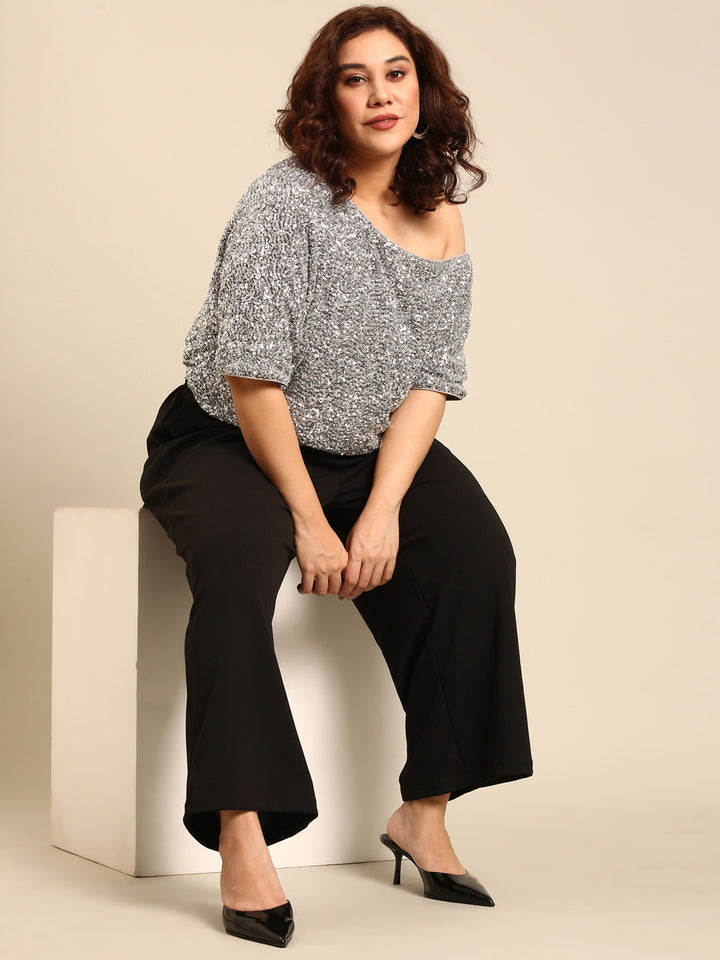 Silver Sequin Top & Black Korean Pants Co-Ord Set (2 Piece)3