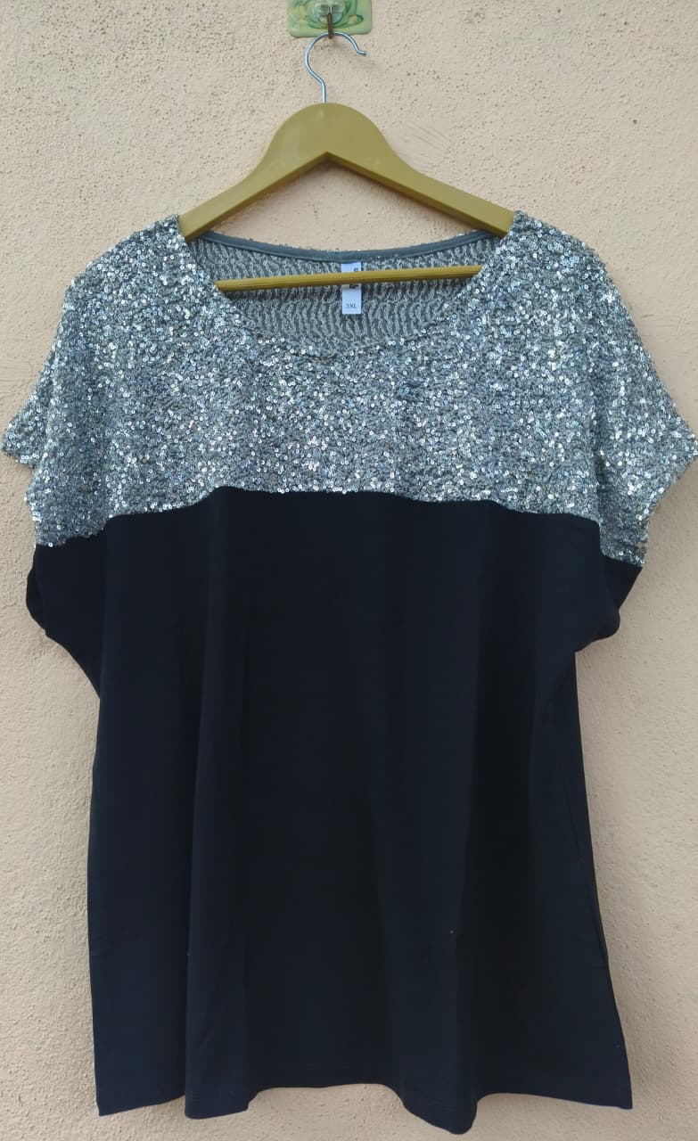Silver Sequin Yoke Black Top