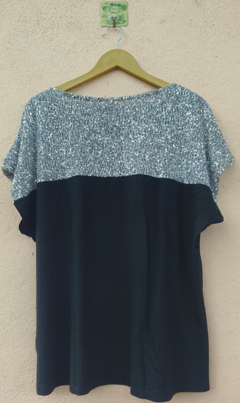 Silver Sequin Yoke Black Top