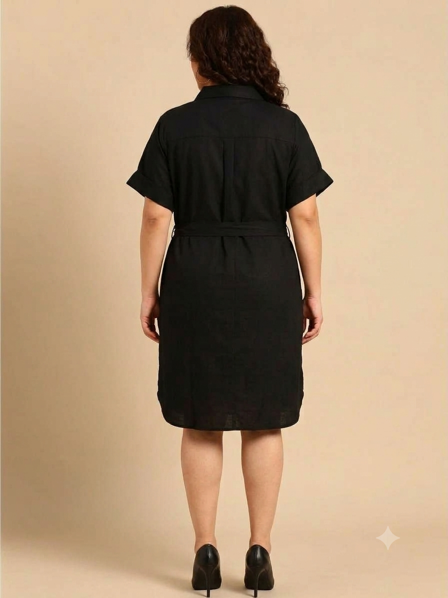 Solid Black Midi Shirt Dress