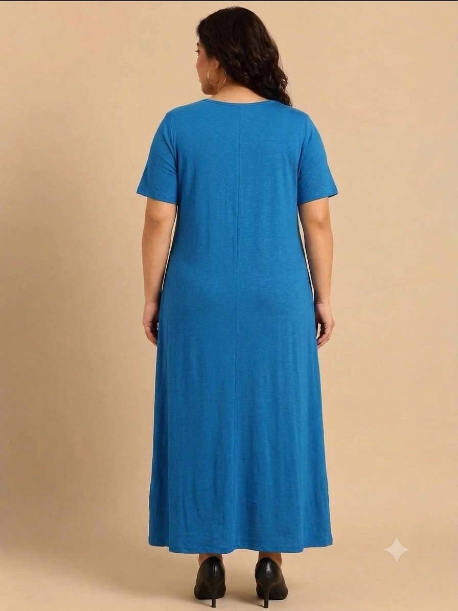 Solid Blue Short-Sleeve Maxi Dress