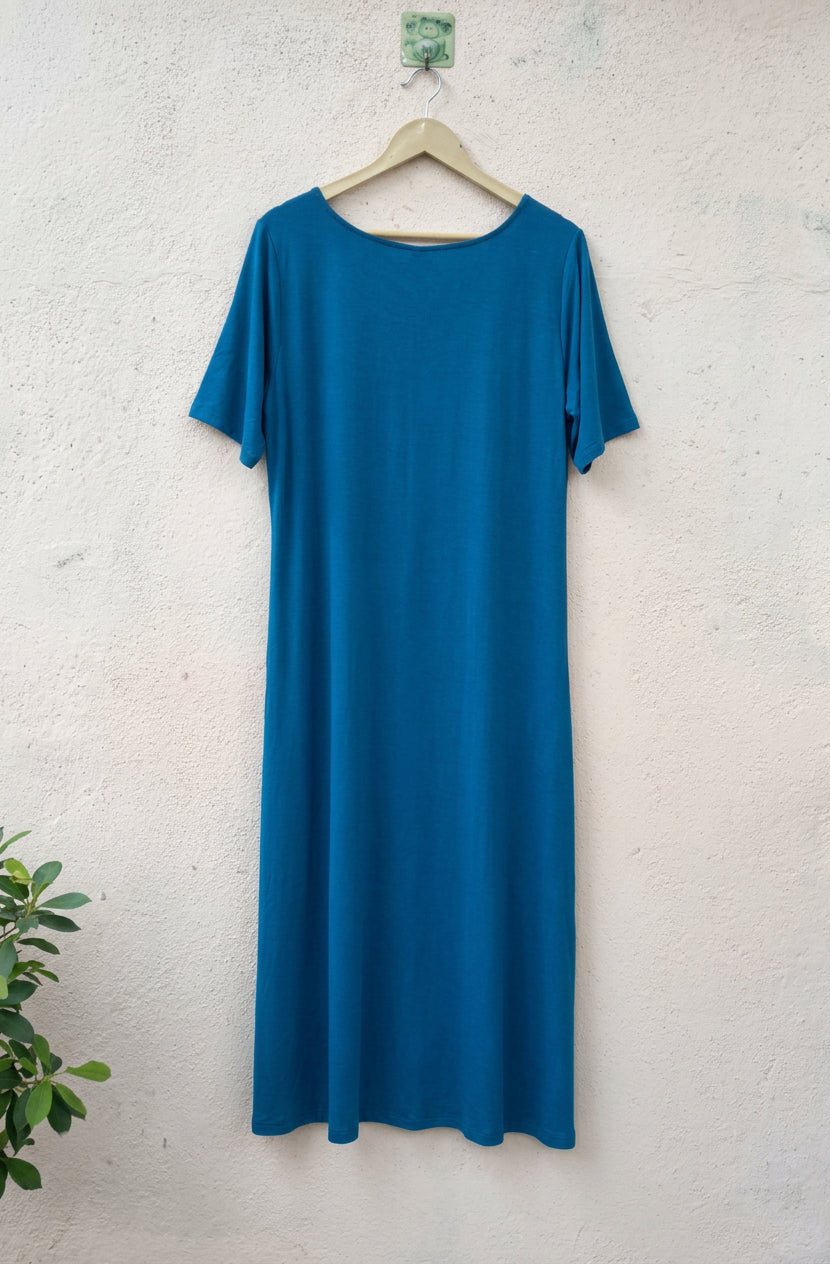 Solid Blue Short-Sleeve Maxi Dress