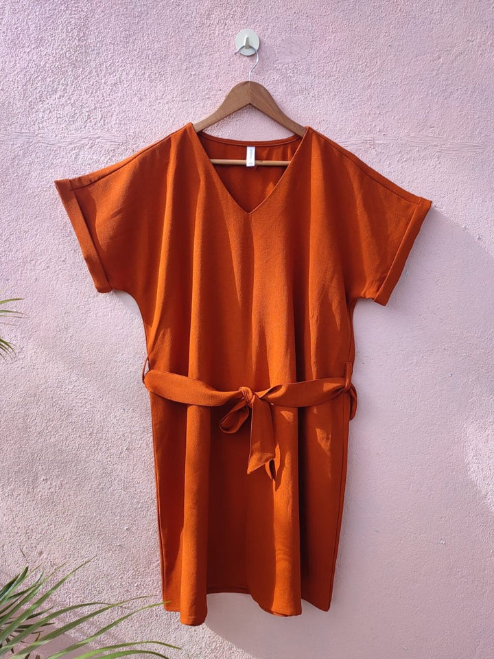 Solid Brown Dress with Belt