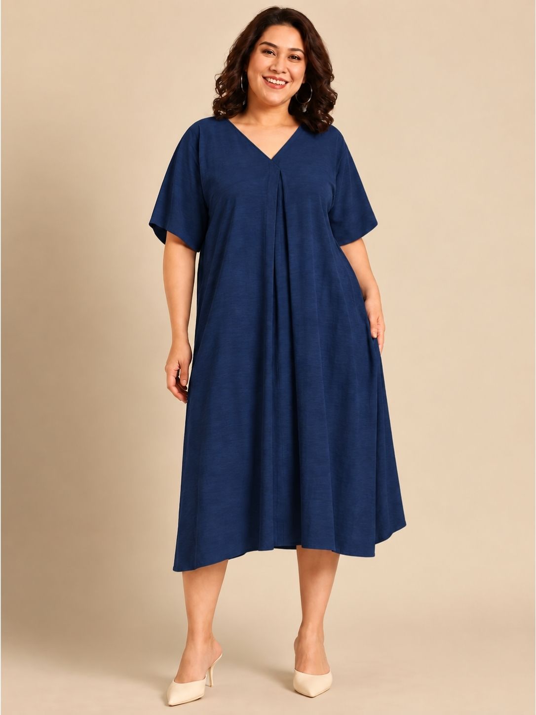 Solid Navy Blue V-Neck Flared Midi Dress