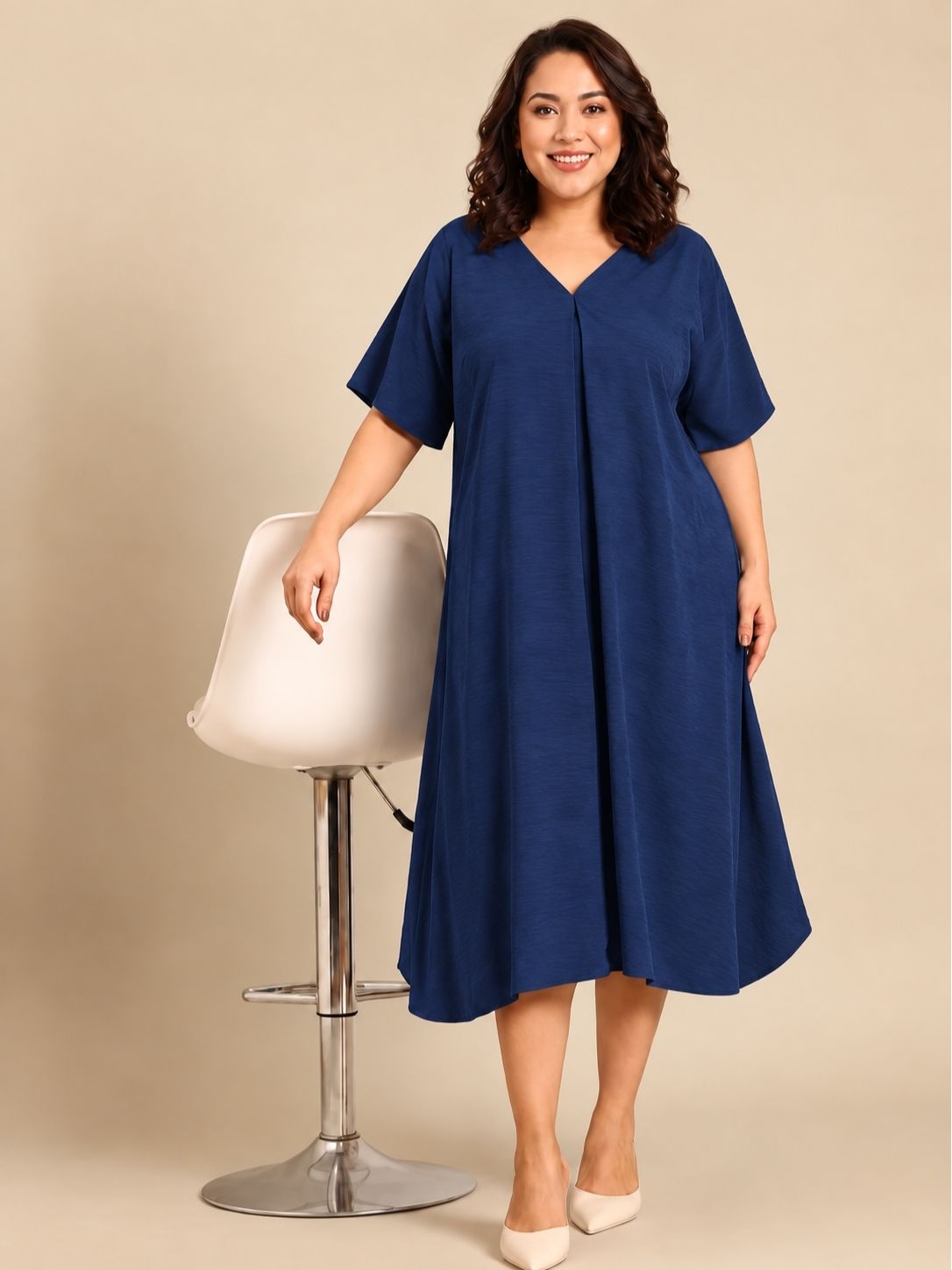 Solid Navy Blue V-Neck Flared Midi Dress
