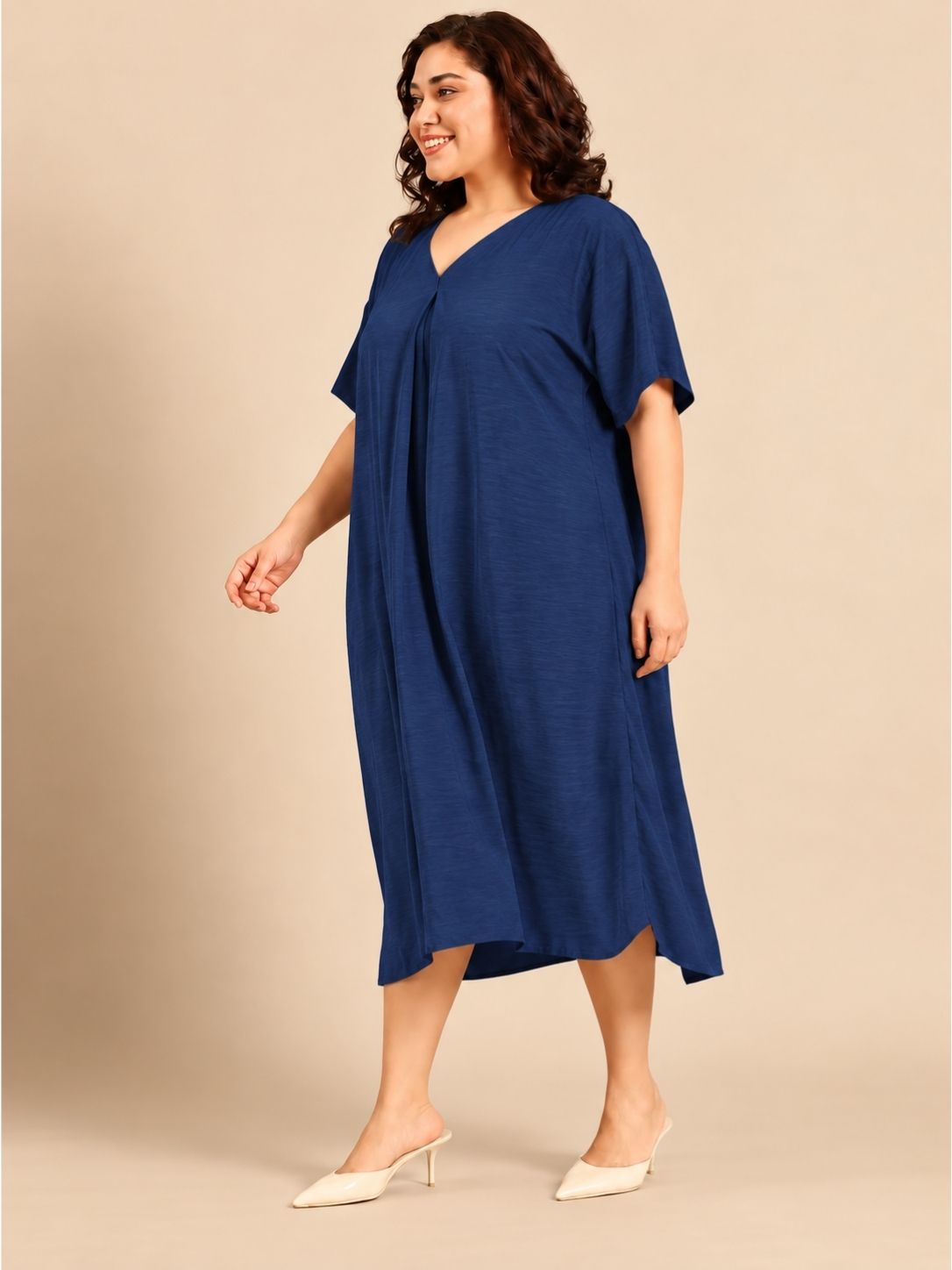 Solid Navy Blue V-Neck Flared Midi Dress
