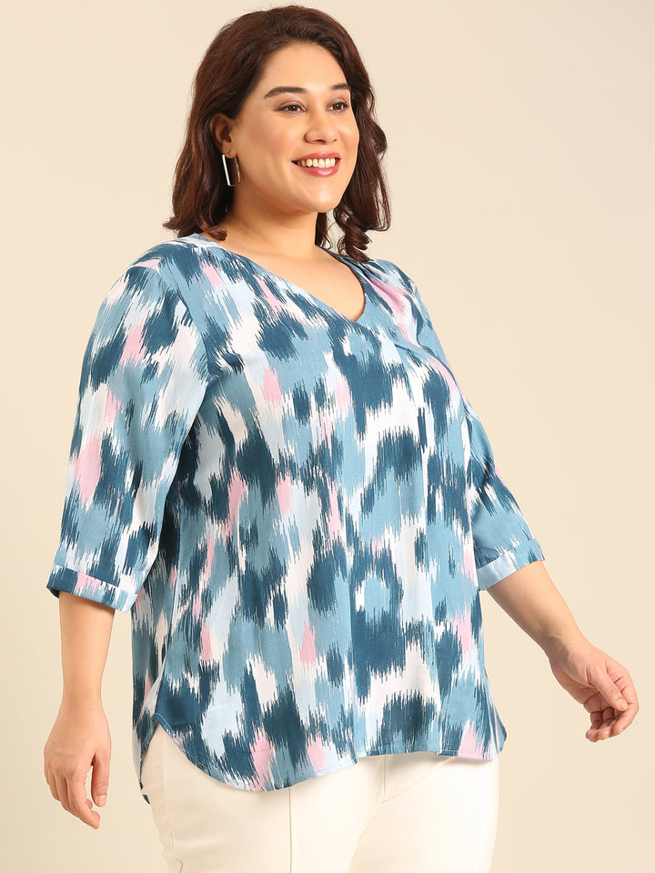 Blue Ikkat Front Pleat Top