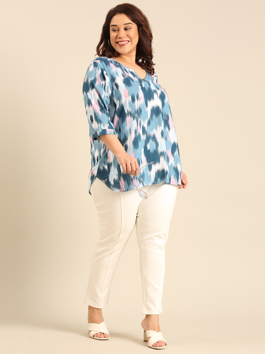 Blue Ikkat Front Pleat Top