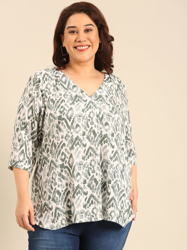 Plus Size Green Ikkat Print Front Pleat Top