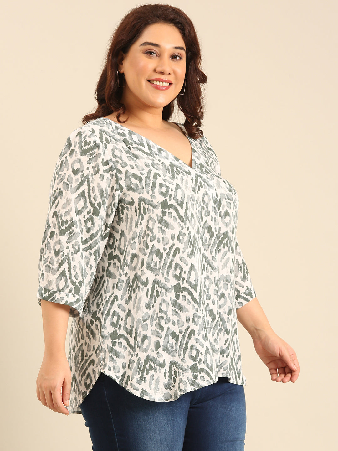 Plus Size Green Ikkat Print Front Pleat Top