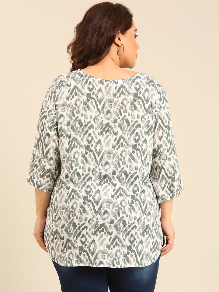 Plus Size Green Ikkat Print Front Pleat Top