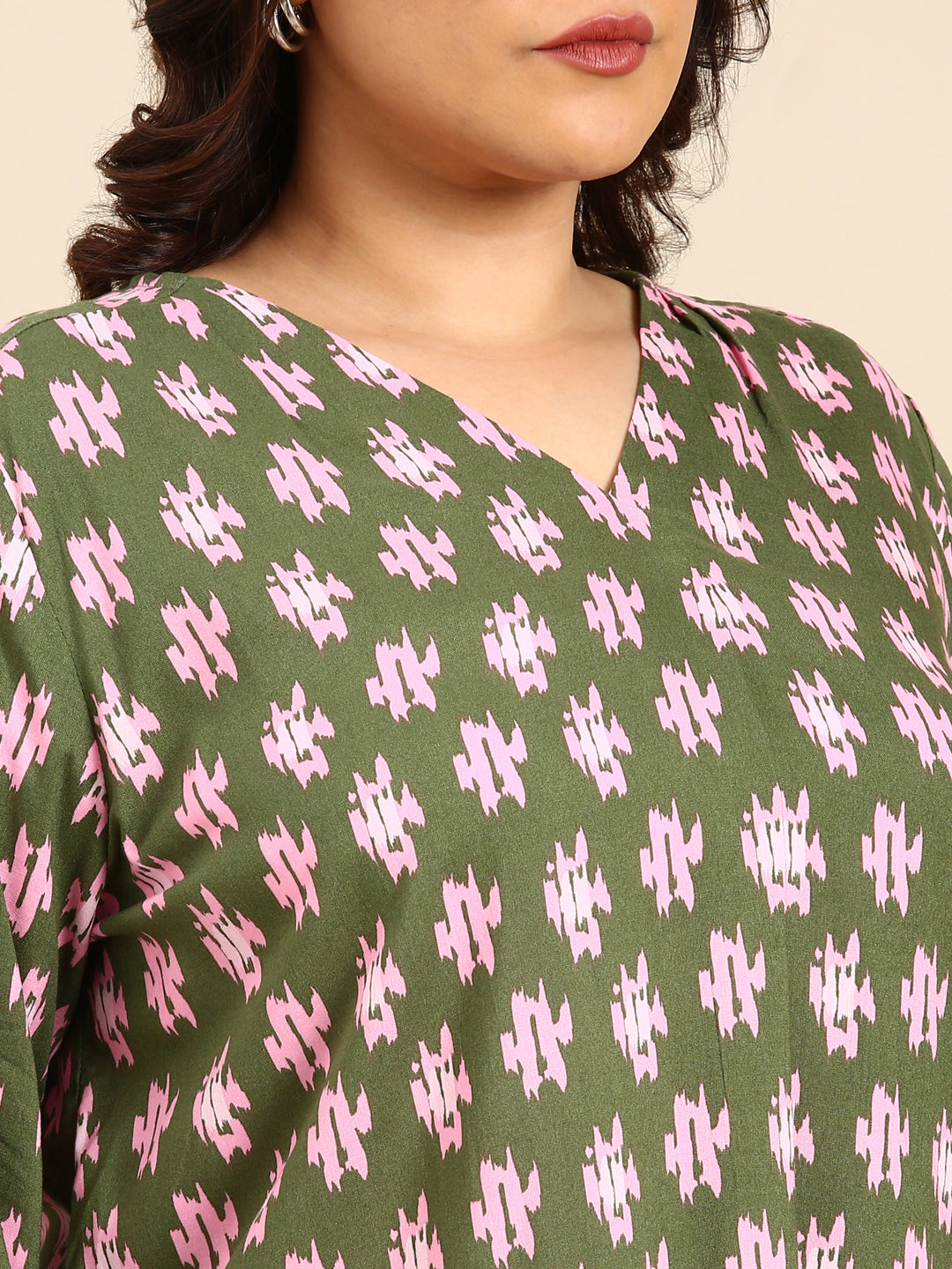 GREEN TOP WITH PINK IKAT PRINT
