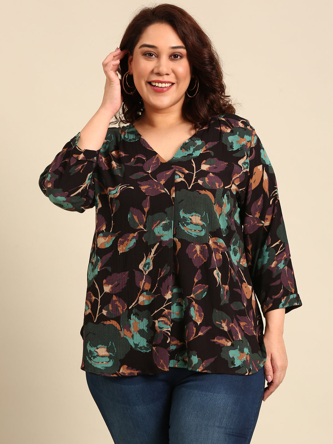 Brown Floral Front Pleat Top