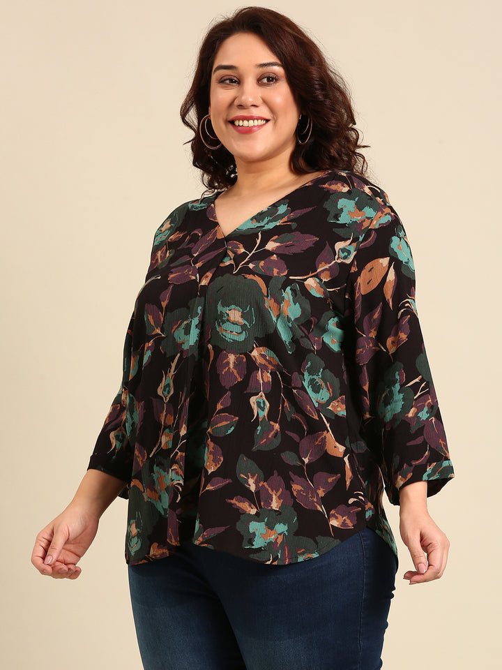 Brown Floral Front Pleat Top