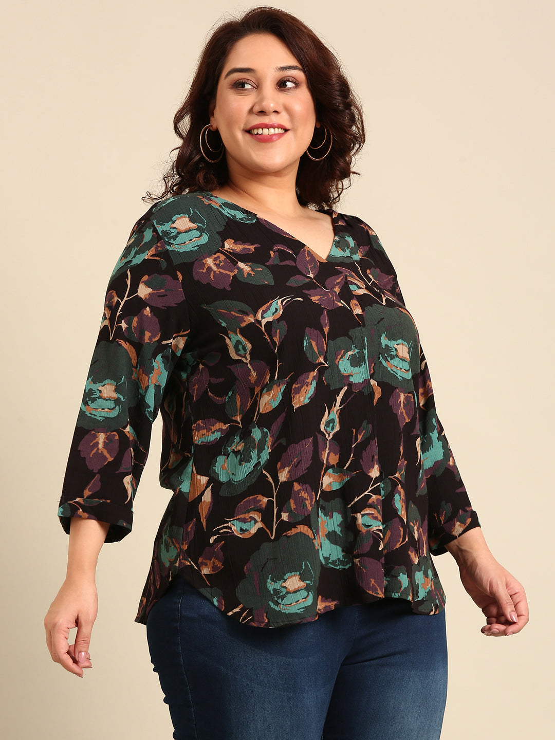 Brown Floral Front Pleat Top