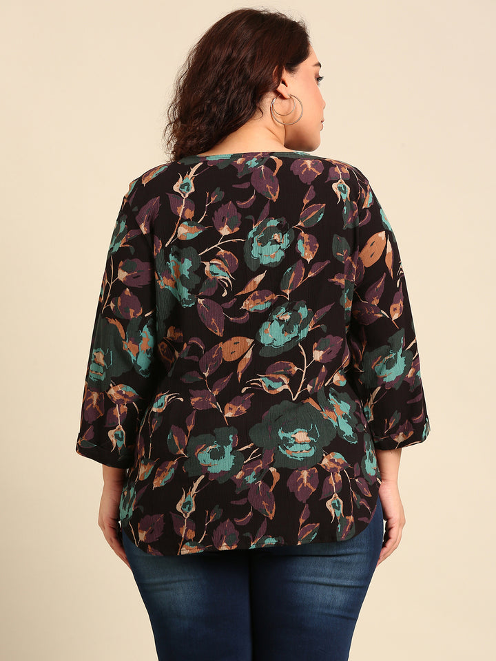 Brown Floral Front Pleat Top