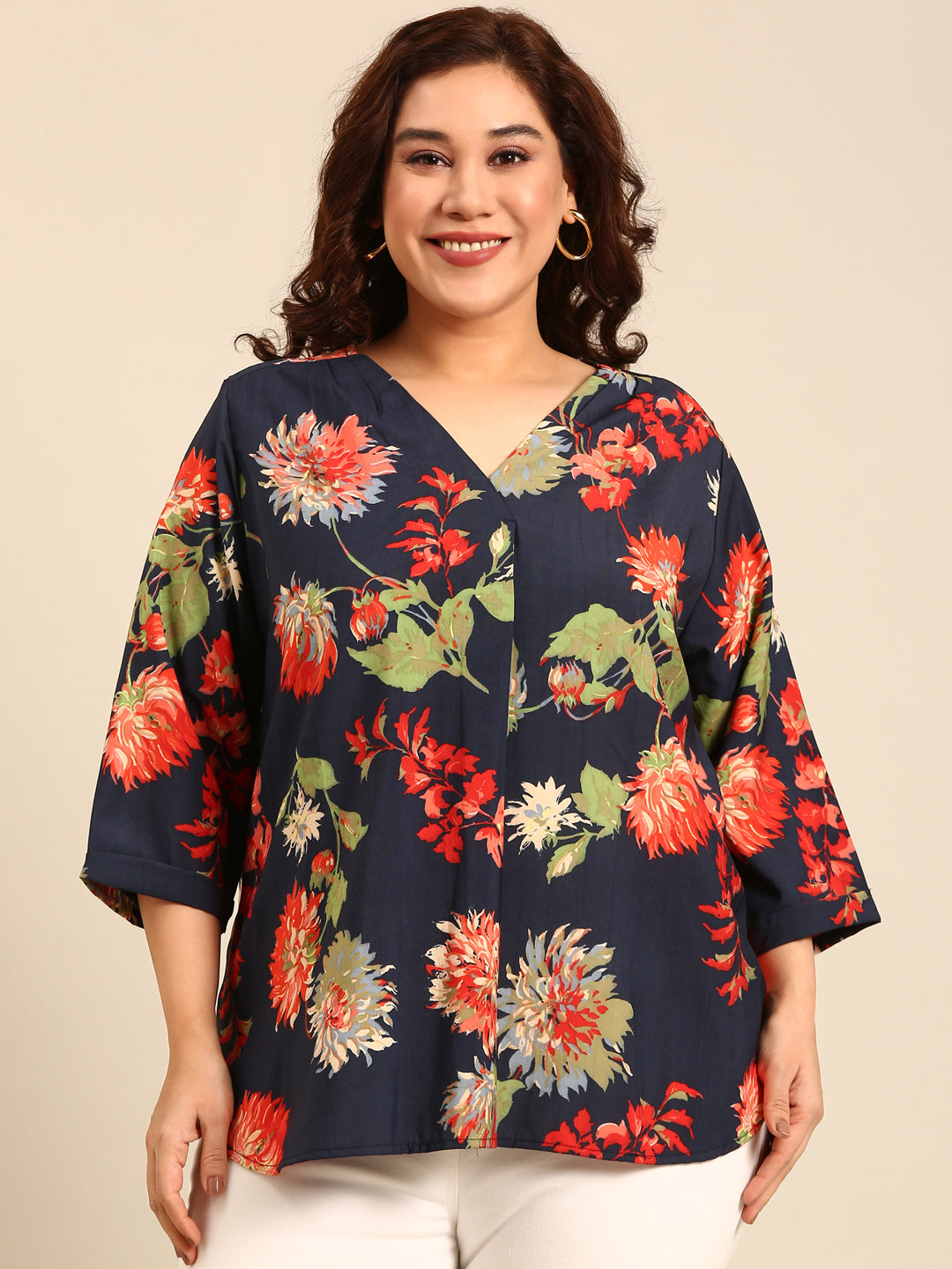 Navy Printed Front Pleat Top