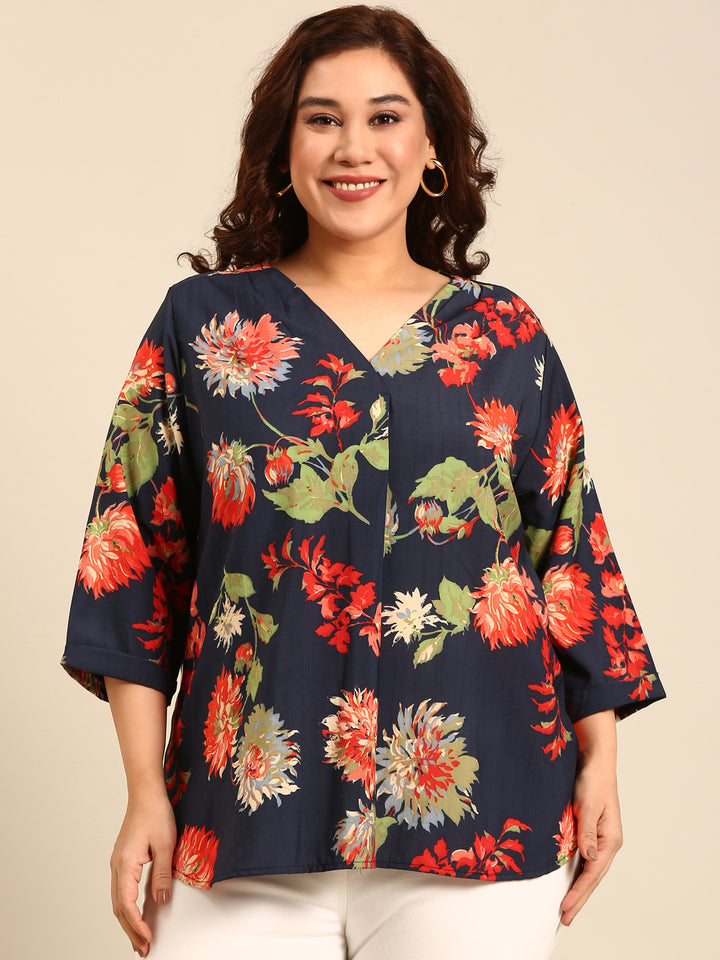 Navy Printed Front Pleat Top