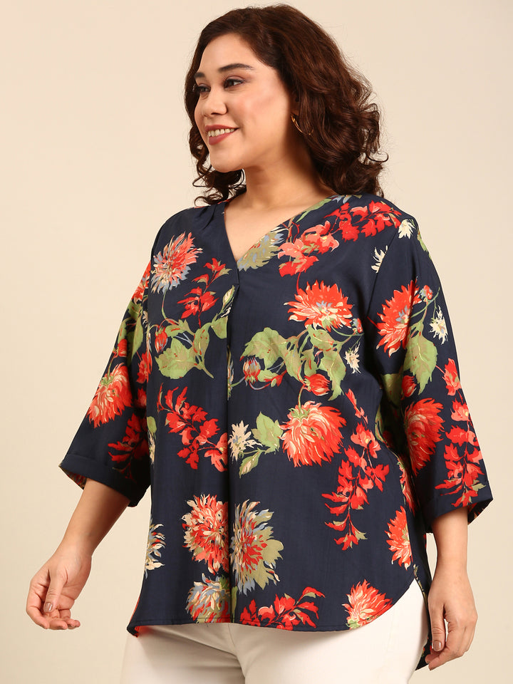 Navy Printed Front Pleat Top