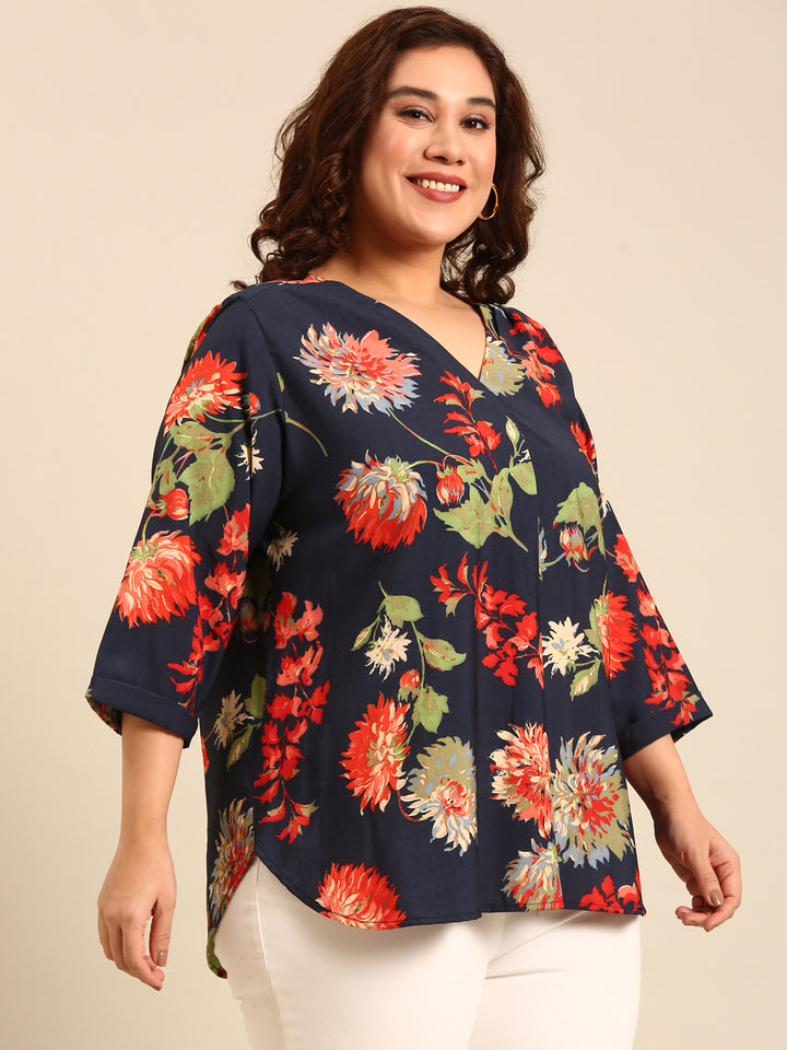 Navy Printed Front Pleat Top