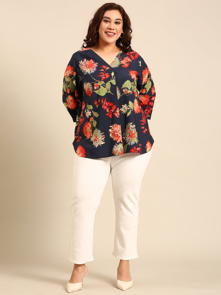 Navy Printed Front Pleat Top