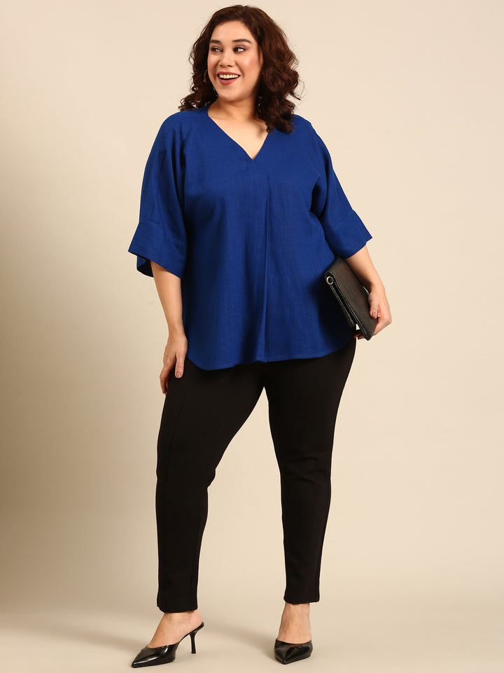 Cobalt Linen V-Neck Drop Shoulder Top