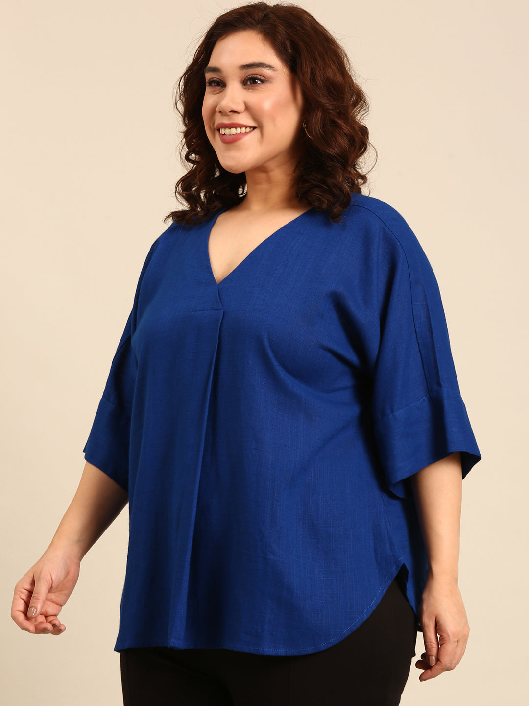 Cobalt Linen V-Neck Drop Shoulder Top