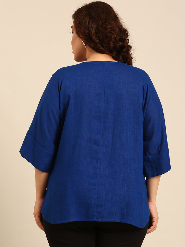 Cobalt Linen V-Neck Drop Shoulder Top