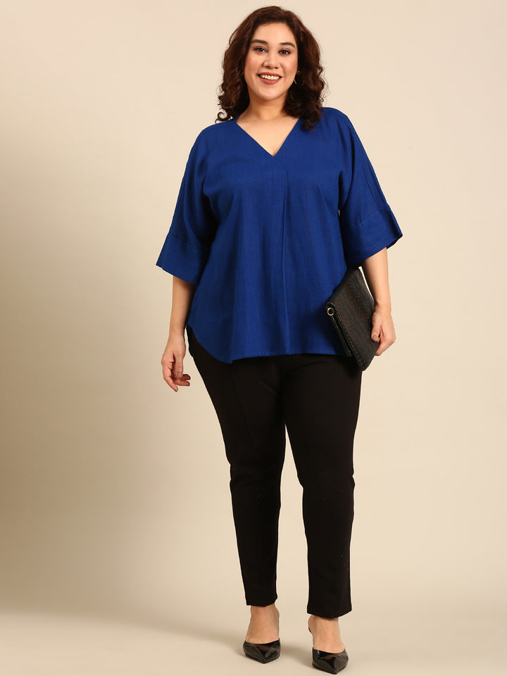Cobalt Linen V-Neck Drop Shoulder Top