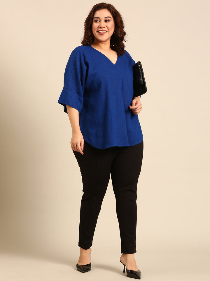 Cobalt Linen V-Neck Drop Shoulder Top