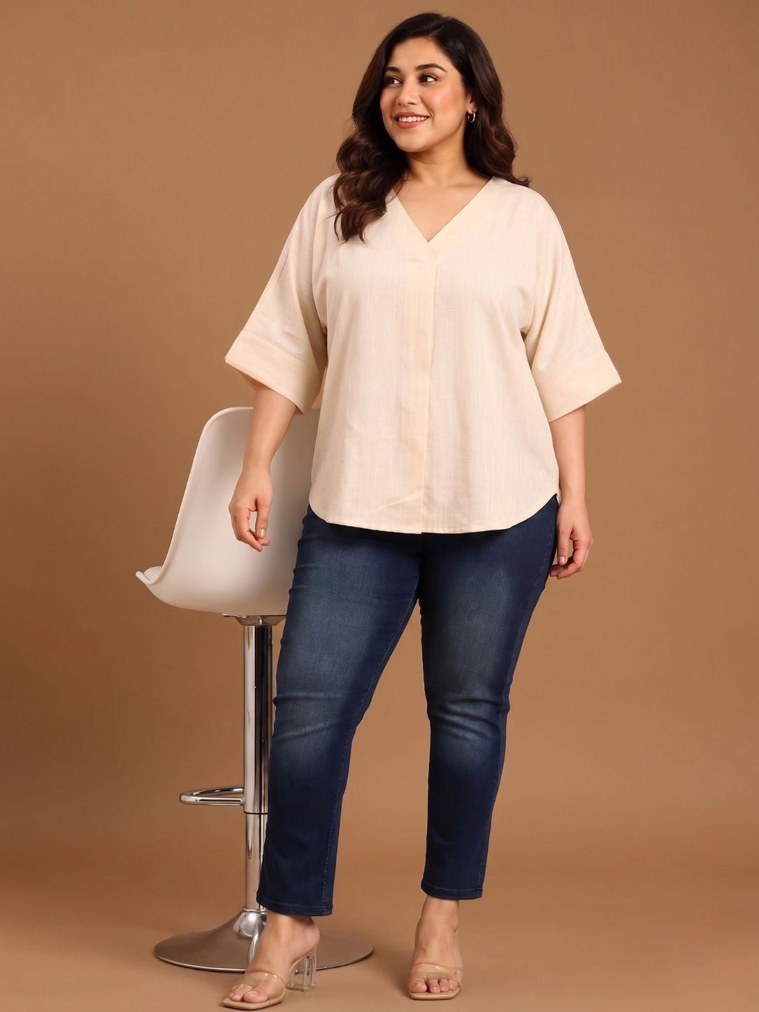 Off-White V-Neck Drop Shoulder Top