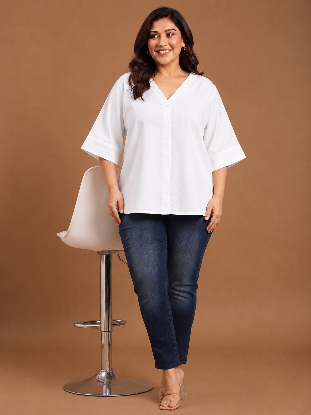 White V-Neck Drop Shoulder Top