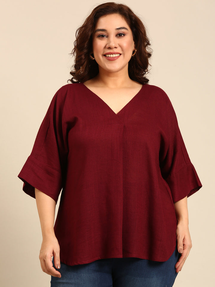 Wine Linen V-Neck Drop Shoulder Top