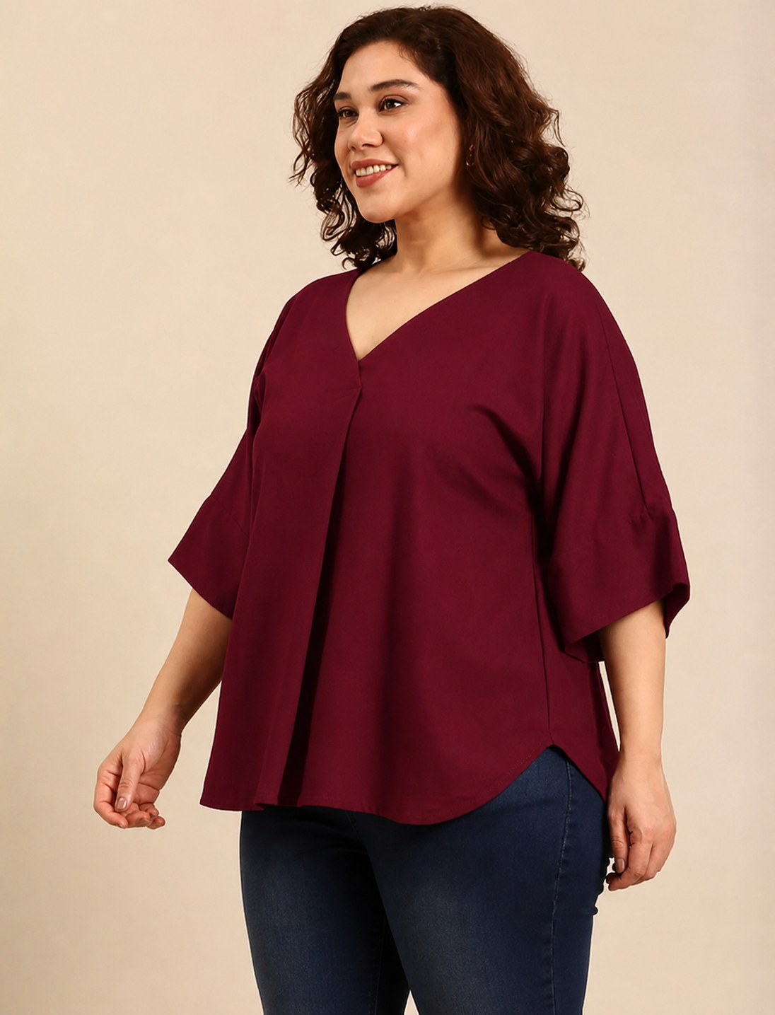 Wine Linen V-Neck Drop Shoulder Top