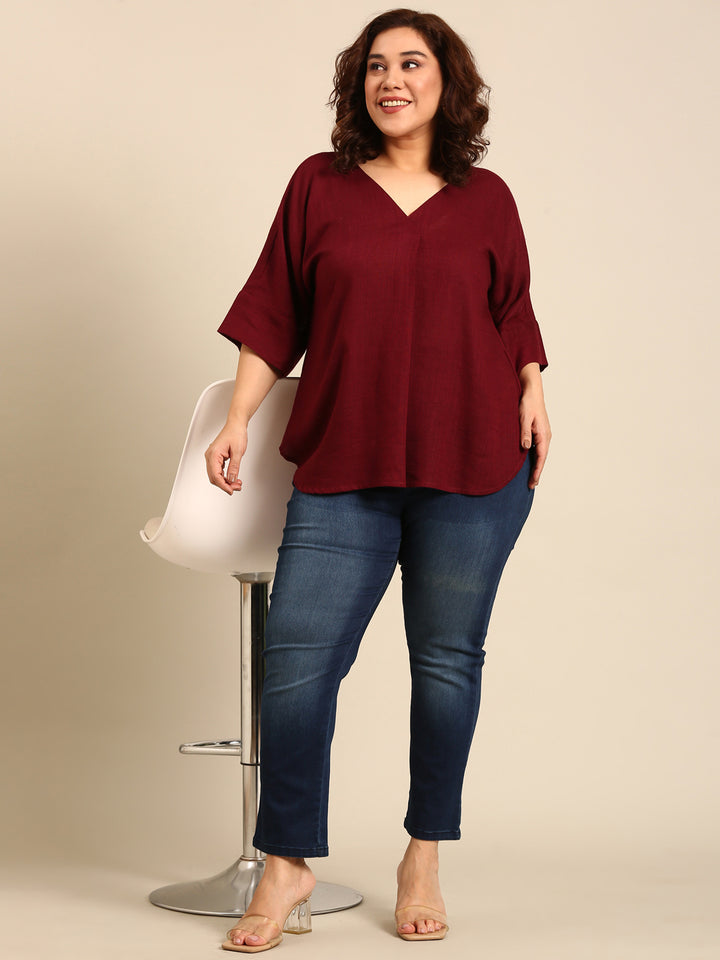 Wine Linen V-Neck Drop Shoulder Top