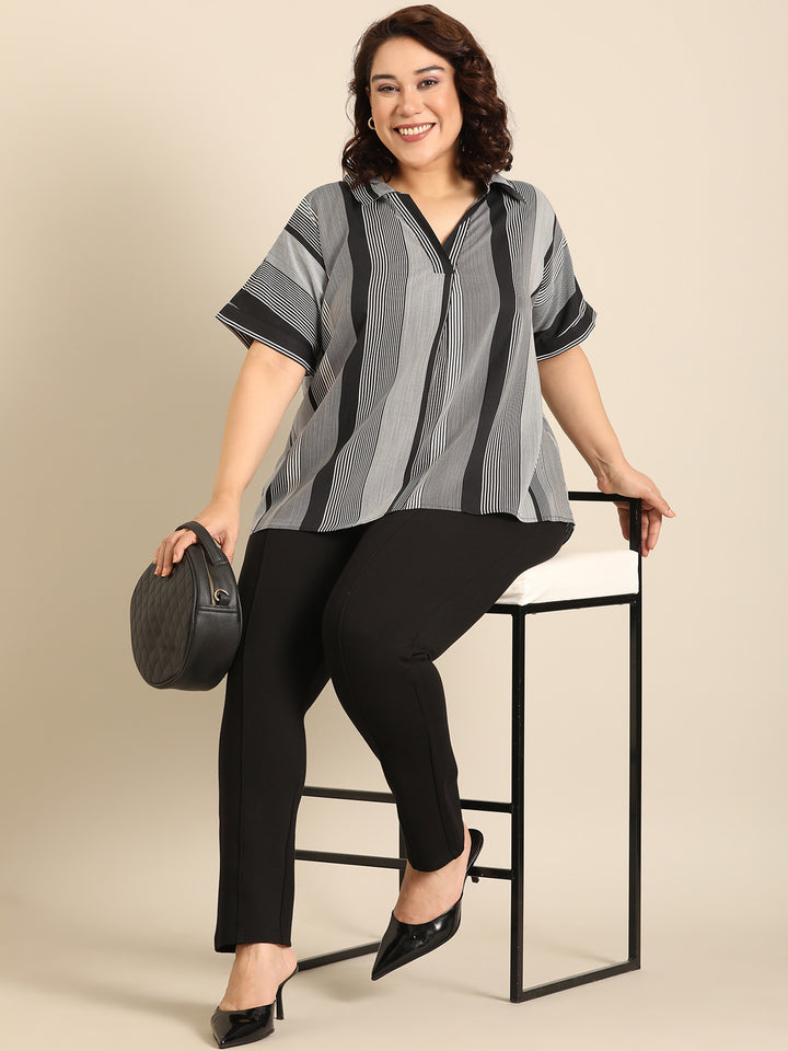 Multi-Stripe Collared Neck Top