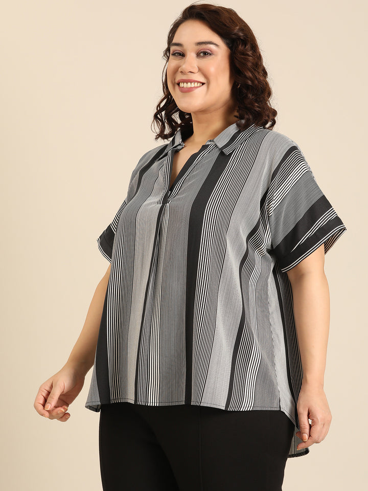 Multi-Stripe Collared Neck Top