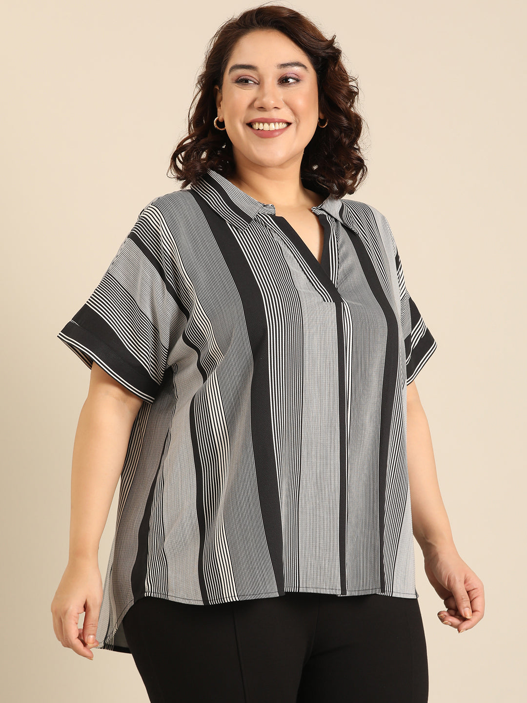 Multi-Stripe Collared Neck Top