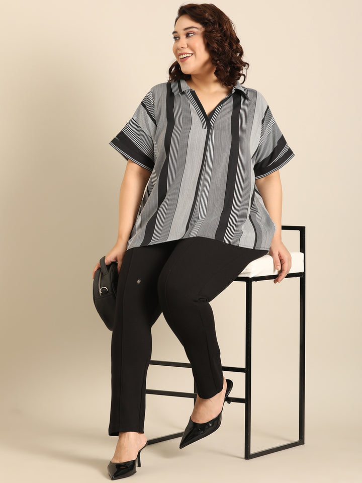 Multi-Stripe Collared Neck Top